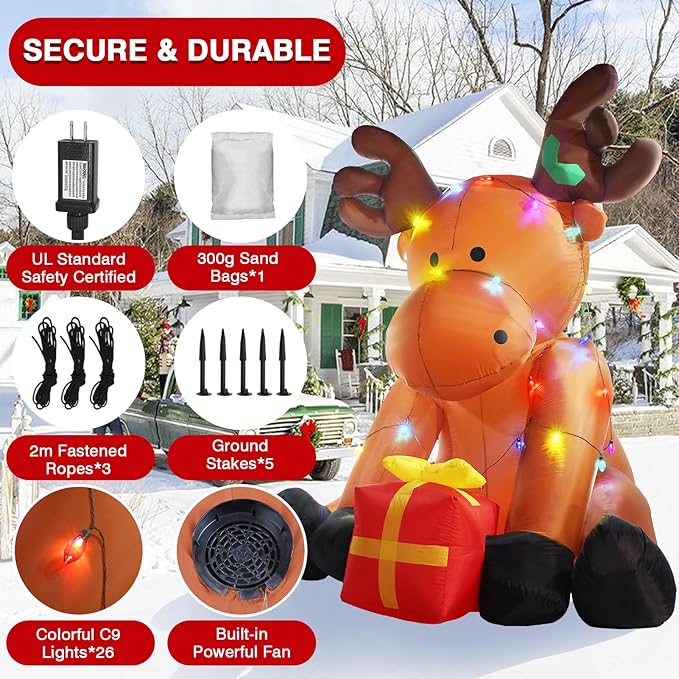 8 FT Christmas Inflatable Outdoor Decorations, Giant String Lights Reindeer Blow up Yard Decor with Red Gift Box, 26 LED Lights Xmas Holiday Decorations for Outside Lawn Garden Indoor