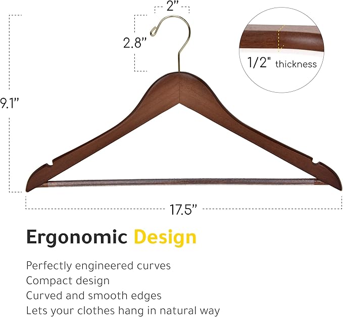 Quality Wooden Hangers - Slightly Curved, Solid Wood Coat Hangers with Stylish Chrome Hooks - Heavy-Duty, 30-Pack Sets for Clothes, Jackets, Shirts, Pants, Suits