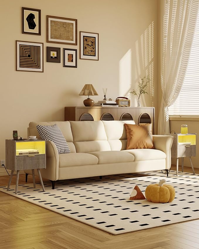 Modern Bedside Table, Nightstand with Charging Station and LED Lights