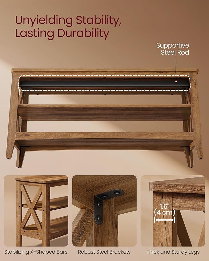 VASAGLE, Entryway Storage Bench, 2-Tier Shoe Rack, 11.8 x 39.4 x 18.9 Inches, Holds up to 600 lb, Farmhouse Style, for Living Room, Bedroom, Honey Brown ULSB153K41