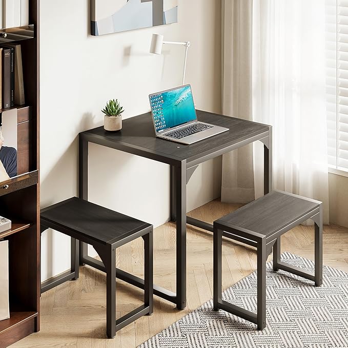 Gizoon Dining Table Set for 2, Kitchen Table Set for 2 with Steel Frame, Kitchen Table with 2 Benches for Small Space, Space Saving Design for Restaurant, Living Room, Black