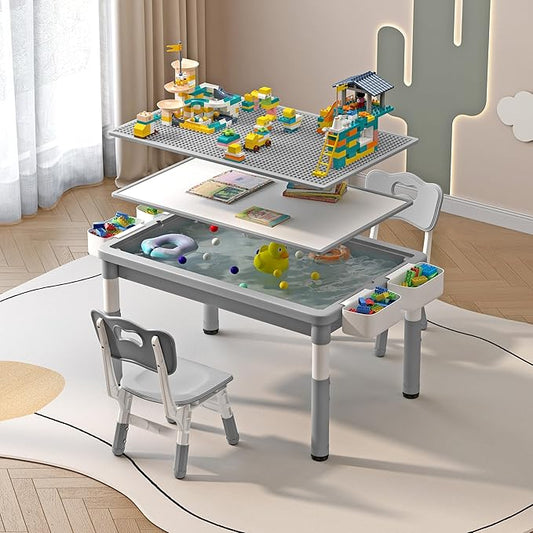 Kids Table and 2 Chairs with Storage, Children Water and Sand Activity Tables Height Adjustable, 34.6''L x 24.4''W Toddler Table for Buliding Blocks, Drawing, Eating, for Kids Age 2-10, Grey