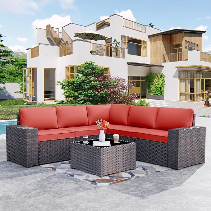 Kurapika 9 Pieces Patio Furniture Set, Rattan Sofa Set, Outdoor Conversation Sets w/Swivel Rocking Chairs Patio Sectional Sofa w/4 Inch Cushion, Red