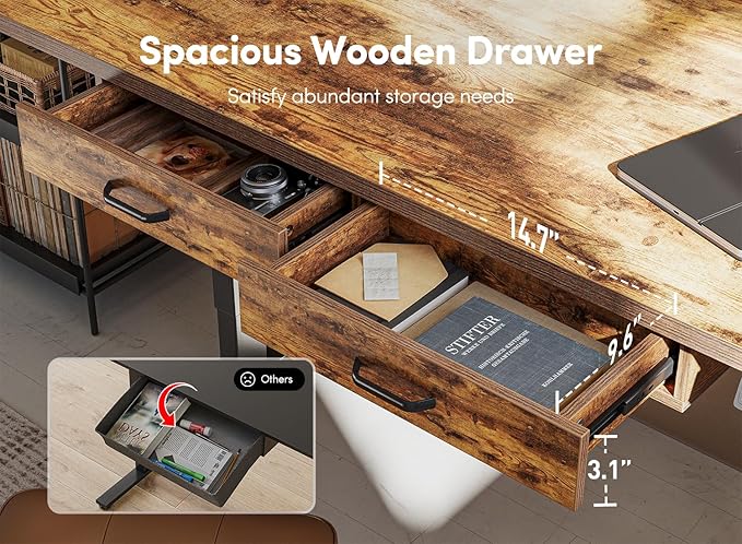 FEZIBO 55 x 24 Inches Standing Desk with Double Wooden Drawers, Adjustable Height Electric Standing Desk, Stand Up Home Office Desk with Splice Tabletop,Black Frame/Rustic Brown Top