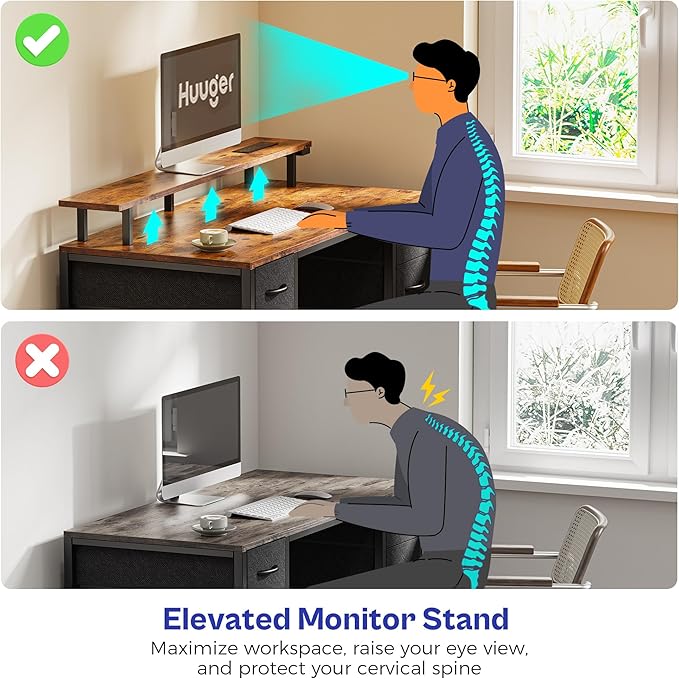 Huuger 47 inch Computer Desk with 4 Drawers, Gaming Desk with LED Lights & Power Outlets, Home Office Desk with Large Storage Space for Bedroom, Work from Home, Rustic Brown and Black