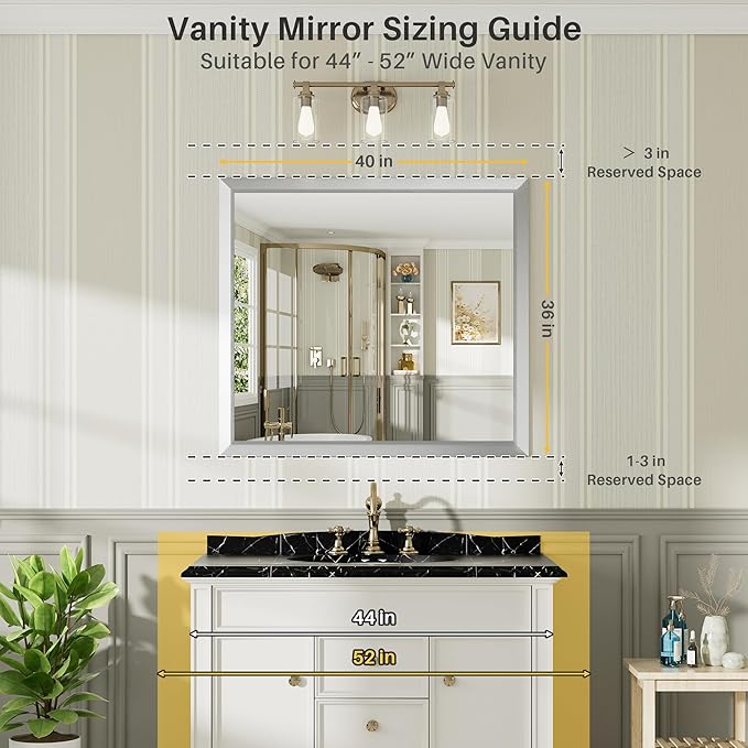 40x36 Inch Silver Bathroom Mirror for Wall, Thick Metal Framed Rectangle Mirrors for Over Sink, Bedroom, Living Room, Entryway, Anti-Rust, HD Tempered Glass