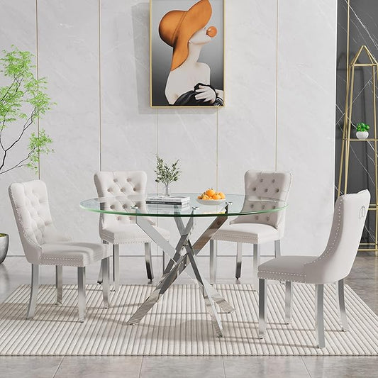 Goujxcy Round Dining Table Set for 4, Modern Glass Kitchen Table and Chairs Set of 4, 5-Piece Dining Room Table Set w/47 Circle Silver Glass Dining Table and 4 Upholstered Velvet Chairs