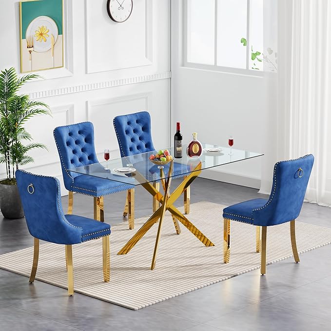 Goujxcy Glass Dining Table Set for 4, Modern Kitchen Table and Chairs Set of 4, 5-Piece Kitchen Dining Room Table Set w/61 Glass Gold Dining Table and 4 Blue Velvet Upholstered Chairs