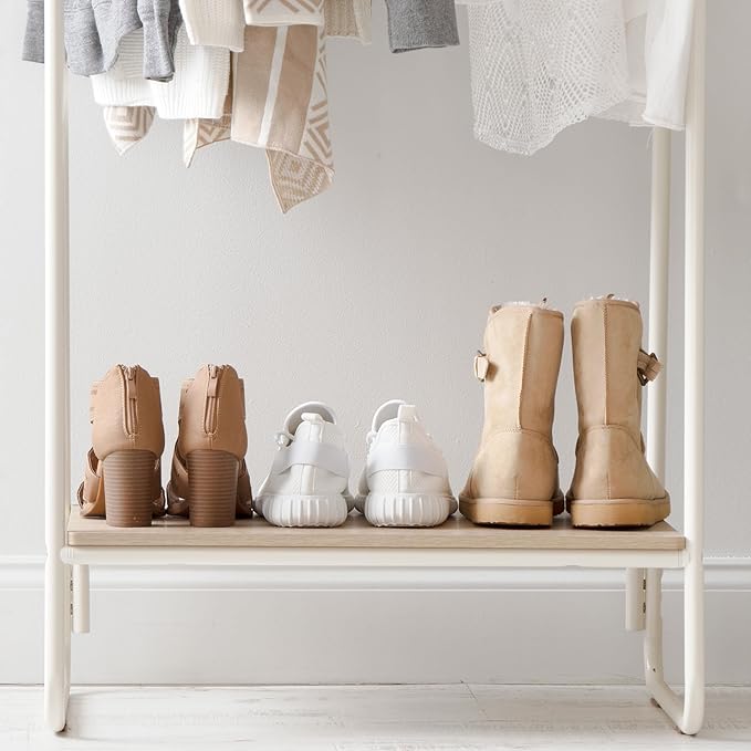 IRIS USA Clothes Rack for Hanging Clothes with Bottom Wood Shelf, Freestanding Clothing Rack, Easy to Assemble Garment Rack, Metal, Sturdy Design, Multipurpose, Small Space Storage Solution, White