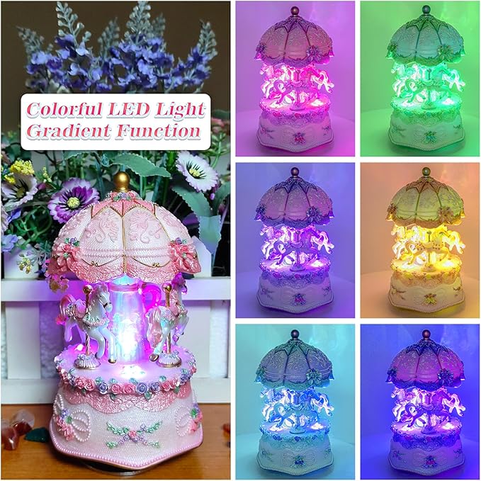 Carousel Music Box，Luxury Color Change LED Light Music Box,Luminous Rotating 3-Horse Musical Box with Gift Box for Girls Birthday Valentine Gift (You are My Sunshine, Pink)