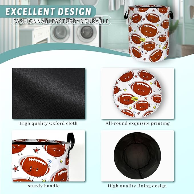 Funny Football Laundry Basket Foldable Oxford Cloth American Ball Laundry Hamper With Handle Portable Clothes Storage Basket 18.9 X 16.5 Inch Storage Bag For Laundry Room/Bathroom/Bedroom