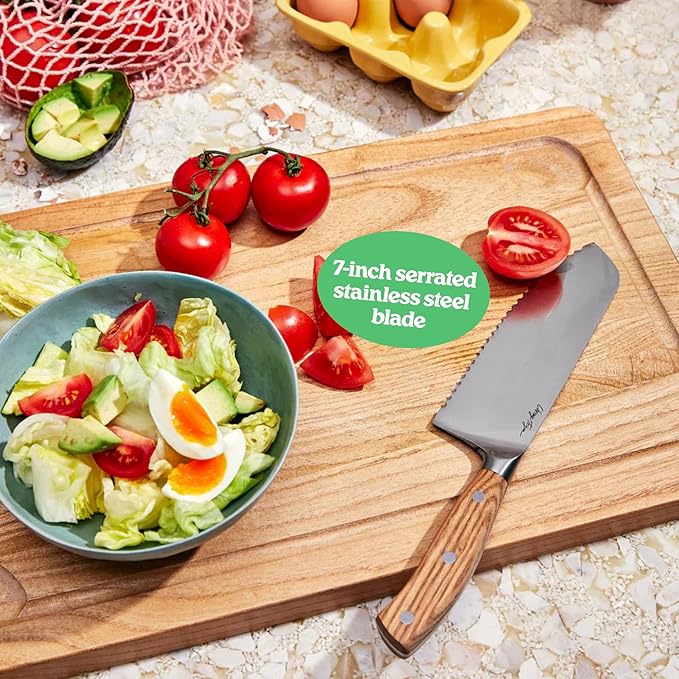 Cravings Go-To Santoku Knife – 7-Inch Serrated Stainless Steel Blade with Organic Ashwood Handle, Ideal for Slicing, Dicing, and Carving – A Must-Have Kitchen Essential by Chrissy Teigen