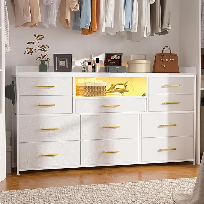 EnHomee Dresser TV Stand with 11 Drawers for 60" TV Stand for Bedroom with LED Lights & Power Outlets Long Dresser for Bedroom with Shelves & 4 Hooks Sturdy Metal Frame & Wood Top, White
