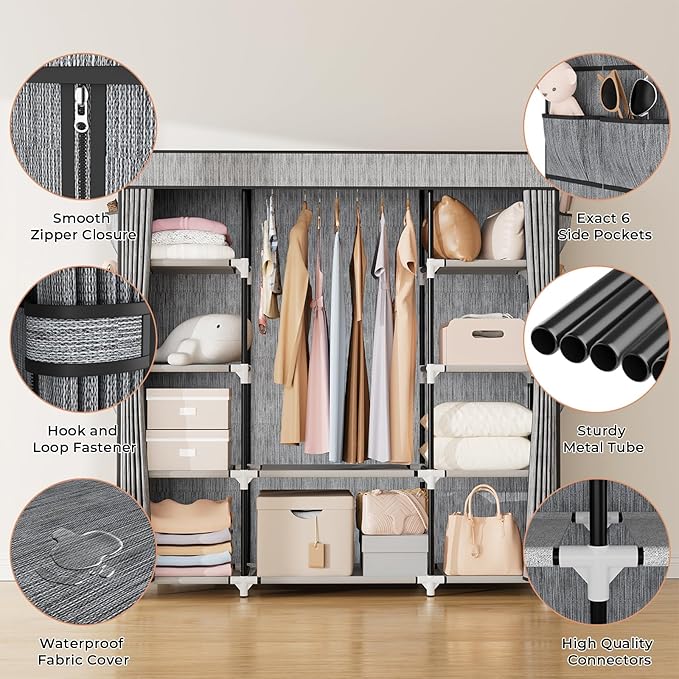 VTRIN Portable Closet Wardrobe for Hanging Clothes 57.3 Inch Large Capacity Clothes Rack with Cover, 10 Storage Organizer Shelves, 1 Hanging Rods and 6 Pockets, Free Standing Closet, Printing