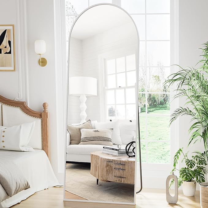 Arched Floor Mirror, 56"x20" Full Length Mirror, Standing Mirror Hanging or Leaning, Body Mirrors with Stand, Wall Mounted Mirror, Arched-Top Mirrors with Aluminum Frame for Bedroom (White)