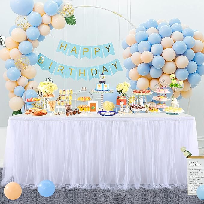 2 Pack 6ft White Tulle Table Skirts for wedding Bridal Shower White Ruffle Tutu Tablecloth for Baby Shower Birthday Party Banquet Baptism Cake Dessert Table Decorations