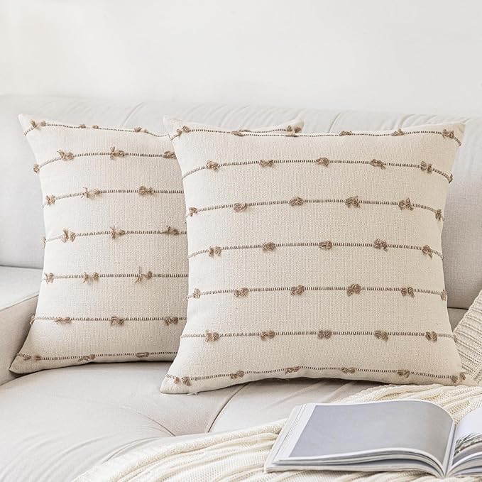 Boho Throw Pillow Covers 26x26 Set of 2 Modern Farmhouse Decorative Cushion Case Tufted Square Pillows Cover Neutral Pillow Cases Accent Pillowcase for Sofa,Couch,Bed,Beige and Khaki
