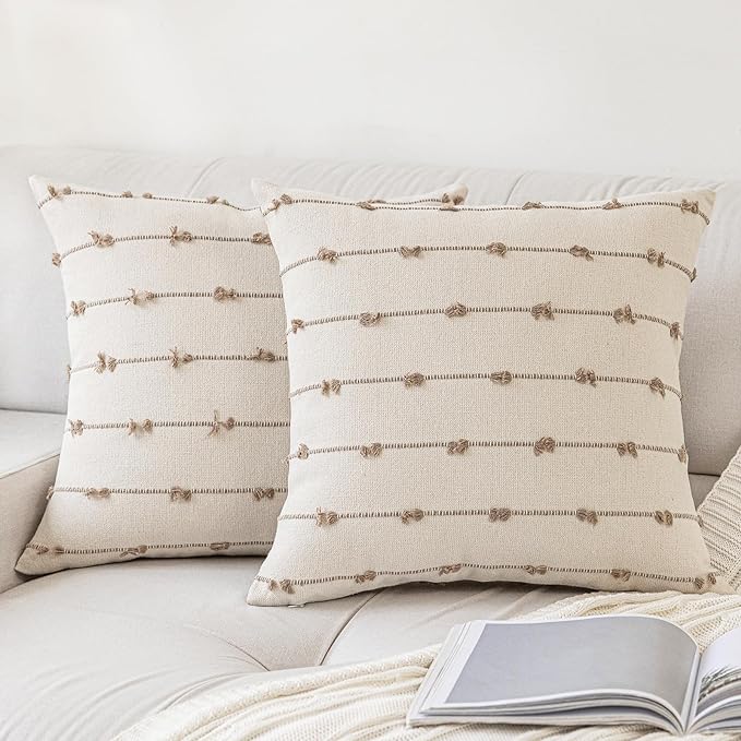 Boho Throw Pillow Covers 16x16 Set of 2 Modern Farmhouse Decorative Cushion Case Tufted Square Pillows Cover Neutral Pillow Cases Accent Pillowcase for Sofa,Couch,Bed,Beige and Khaki