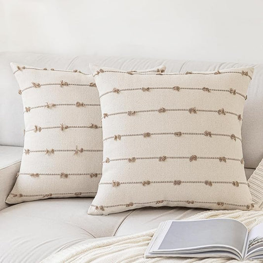 Boho Throw Pillow Covers 16x16 Set of 2 Modern Farmhouse Decorative Cushion Case Tufted Square Pillows Cover Neutral Pillow Cases Accent Pillowcase for Sofa,Couch,Bed,Beige and Khaki