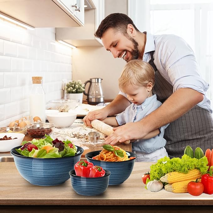 Hasense Ceramic Mixing Bowls Set for Kitchen, Handmade Serving Dishes for Entertaining, 2.1/1.0/0.5 Qt Deep Microwave Safe Nesting Bowls for Storage and Baking, Blue