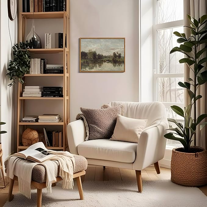 Floating Framed Canvas Wall Art - Tranquil River Landscape Pictures Prints, Countryside Vintage Scenery Paintings Wall Decor for Living Room Bedroom Office Home Decoration 8x10 inch