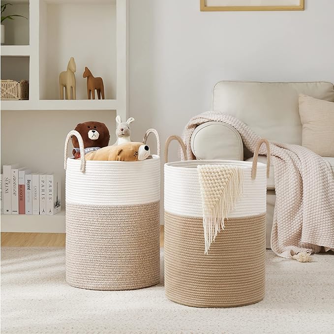 Woven Rope Laundry Hamper Basket, 58L Tall Laundry Basket, Baby Nursery Hamper for Blanket Storage in Bedroom-Large-Brown