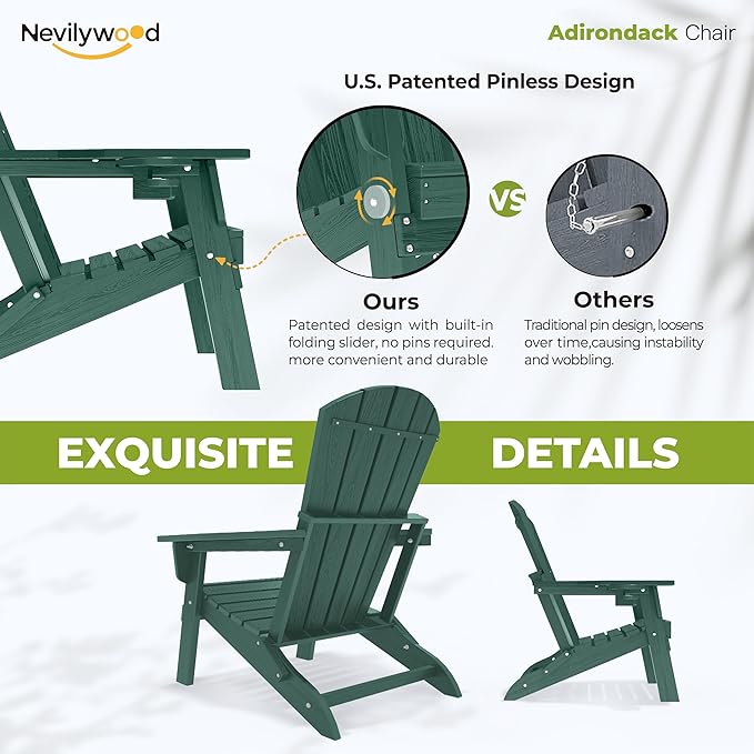 nevilywood Folding Adirondack Chair - Extended Ergonomic Backrest, Cup Holder - Easy Assembly - Durable HDPE Plastic, Weather Resistant & Maintenance-Free - Lawn, Patio, Deck Supports 380lbs Green