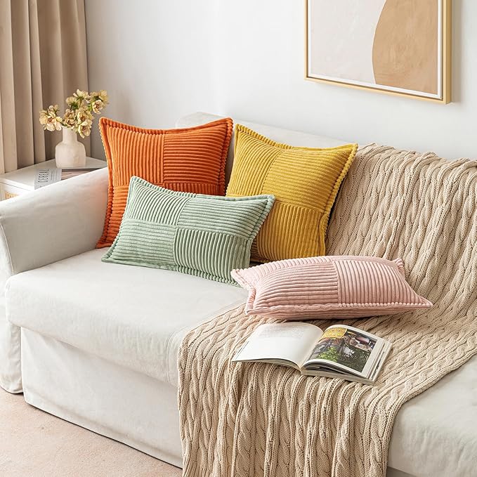 MIULEE Orange Fall Corduroy Decorative Euro Sham Pillow Covers 24x24 Inch with Splicing Set of 2 Soft Boho Pillow Covers Broadside Textured Summer Pillowcases for Couch Bed Livingroom