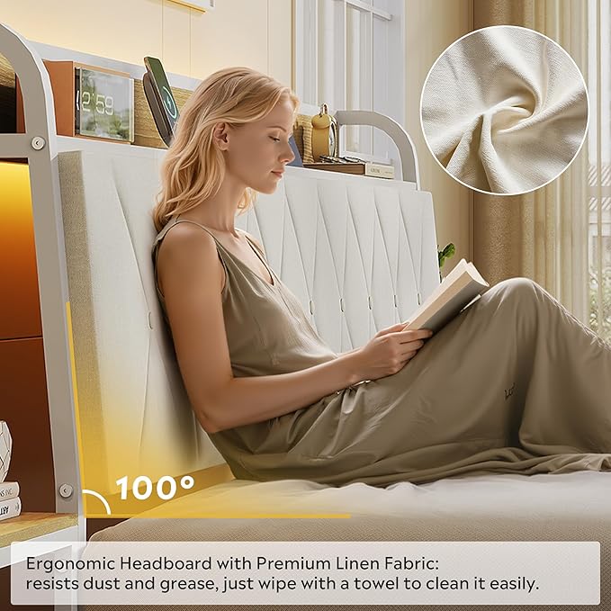 WLIVE King Size Upholstered Bed Frame with 2 Side Shelves, Linen Tufted Storage Headboard with Charging Ports and LED Light, Metal Solid and Stable, No Box Spring Needed, Easy Assembly, Beige