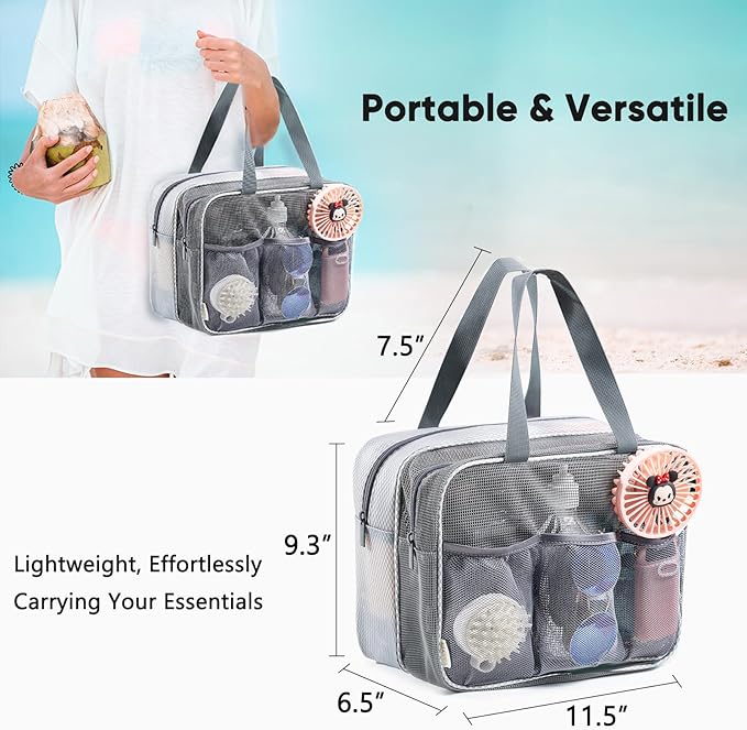 Large Mesh Shower Caddy with Wet & Dry Zones – Portable Hanging Toiletry Bag for College Dorm Room Essentials, Travel, Gym, Camping, Beach Tote Bag – Quick-Dry Shower Tote Organizer