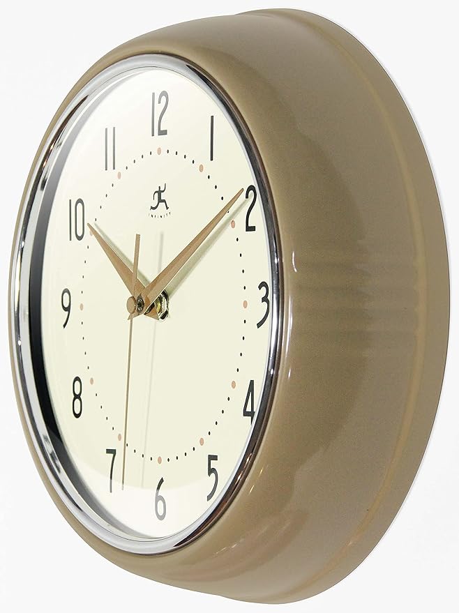 Infinity Instruments LTD. Retro 9 inch Silent Sweep Non-Ticking Mid Century Modern Kitchen Diner Wall Clock Quartz Movement Retro Wall Clock Decorative (Latte)…