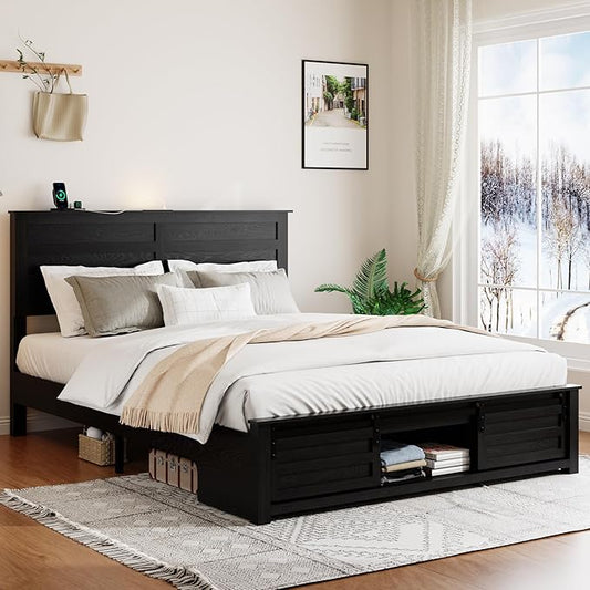 Wooden Queen Size Bed Frame with Headboard, Classic Black Farmhouse Storage Bedframe with Sliding Barn Door Footboard and Charging Station, Wood Slats, No Box Spring Needed