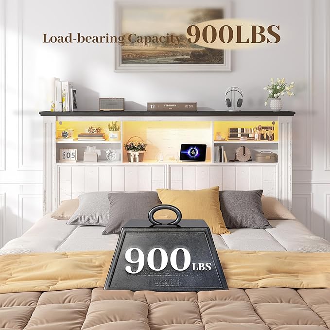 EnHomee Full Size Bed Frame with Headboard, Full Bed Frame with 4 Drawers Charging Port & LED, Farmhouse Bed Full Built in Charging Station,No Box Spring Needed,NO Noise,White with Grain Marks