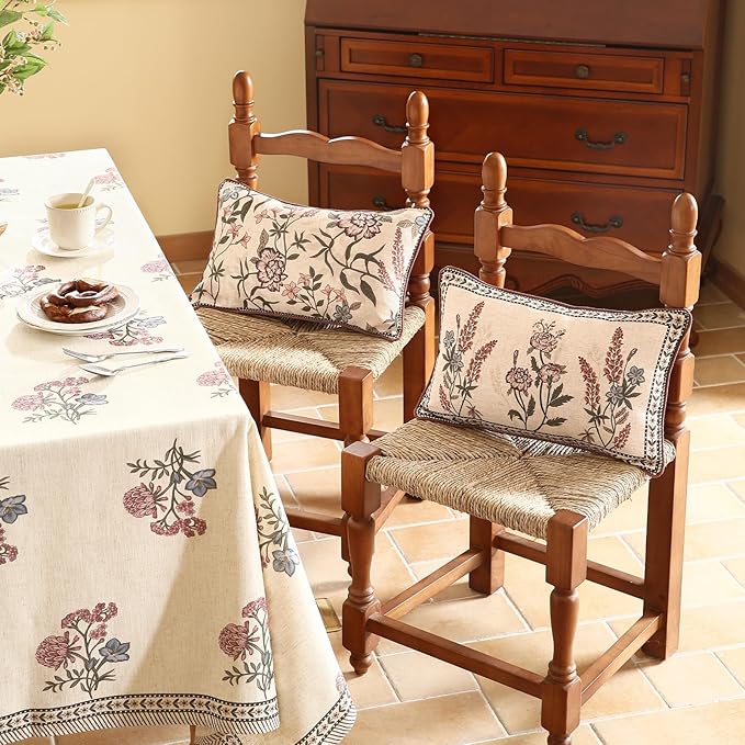 Design Linen Vintage Throw Pillow Covers 12"x20" Pack of 2, Rectangle Cushion Covers with Red Purple Flowers Green Leaves Pattern Decoration Pillowcases for Bed,Living Room,Outdoor,Car