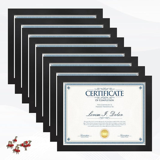 8.5x11 Picture Frame set of 8, Multi Certificate 8.5 by 11 Picture Frames Bulk, Document Diploma Award Frame for Wall Hanging or Tabletop Display, Black