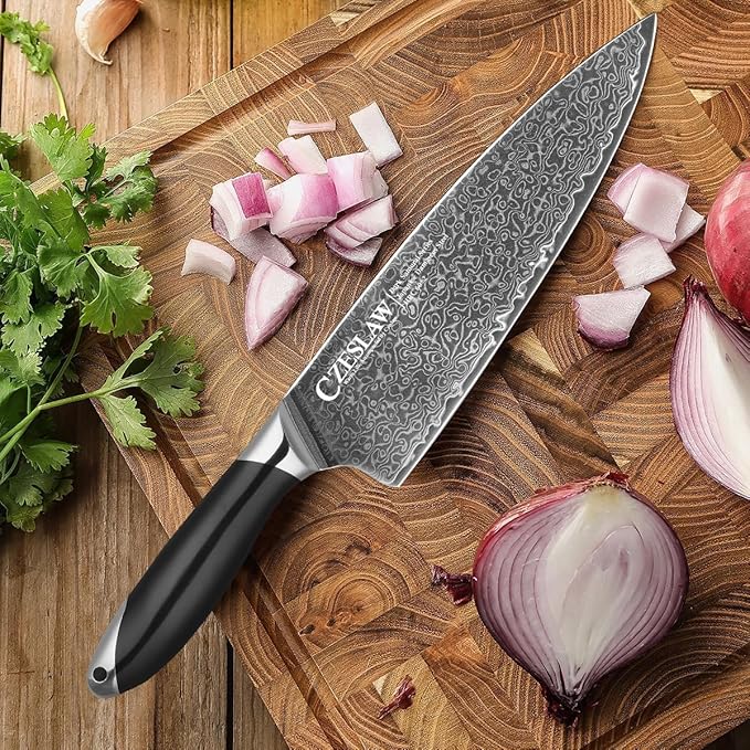 Chef Knife - 8 Inch kitchen knife, Japanese Damascus Chefs Knife, Professional Sharp Forged Black Japanese Damascus Cooking Knife, Full Tang, Ergonomic ABS Handle Design