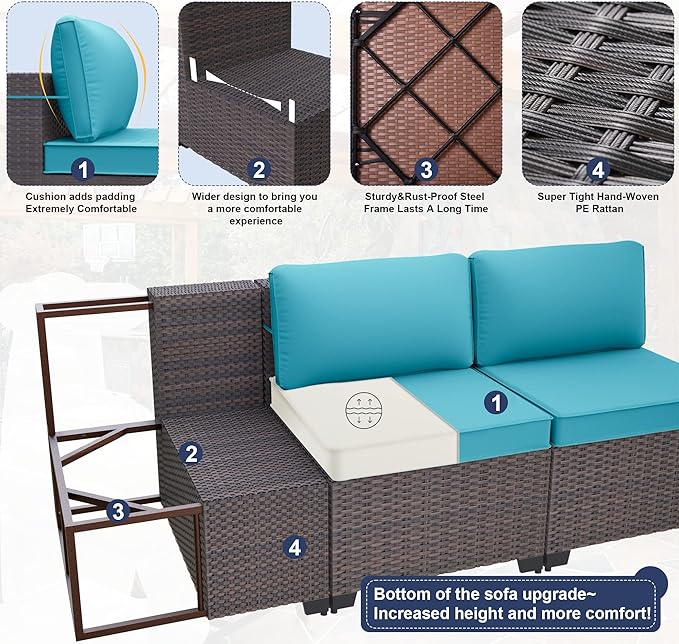 Kurapika 9 Pieces Patio Furniture Set, Rattan Wicker Outdoor Conversation Sets w/4 Inch Cushion and Glass Coffee Table(Blue)