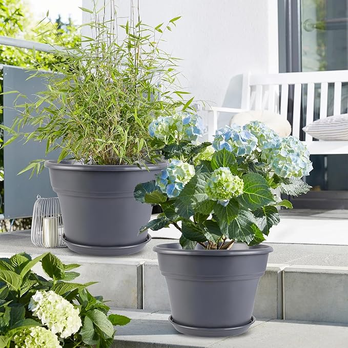 8-inch-Plant-Pots-Indoor-Outdoor, 4 Pack Plastic Planters with Drainage Holes & Saucers, Resin Flower Pots with Trays, Classic Garden Pot Container for House