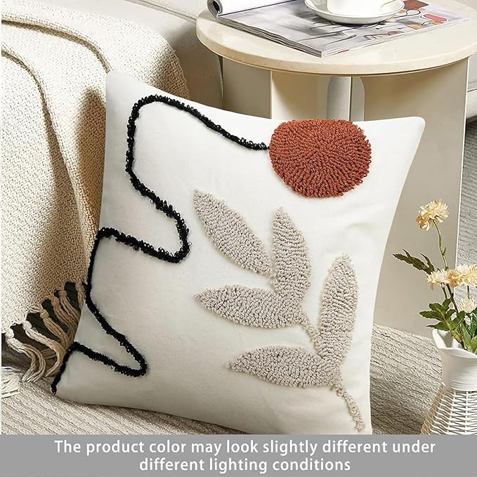 Merrycolor Abstract Boho Pillow Covers Tufted Mid Century Modern Throw Pillows Minimalism Aesthetic Textured Pillow Cover Sun Leaf Boho Pillows Decorative Throw Pillows for Bed Couch Sofa,18x18