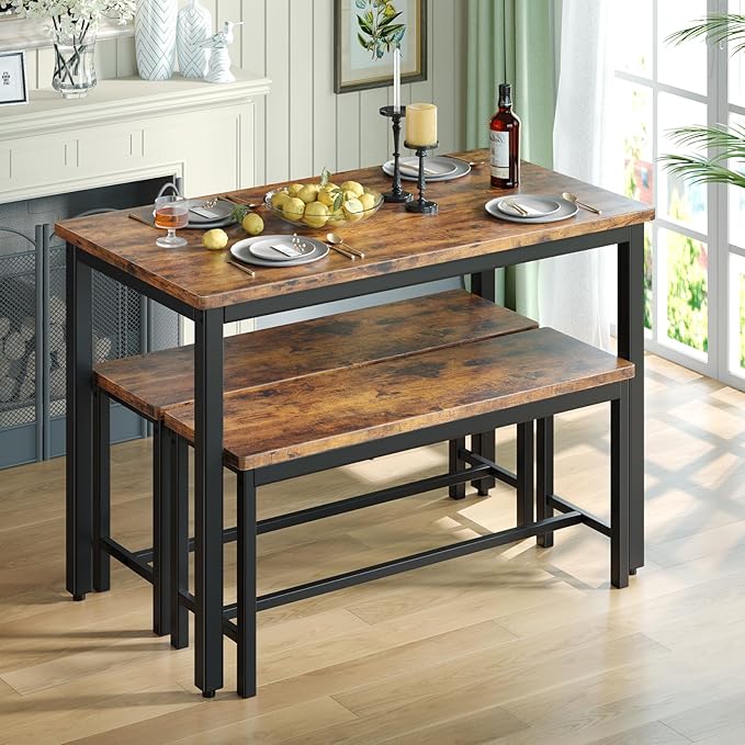 Tatub Dining Table Set for 4, 3-Piece Kitchen Table with 2 Benches, Space-Saving Dining Room Set for Breakfast Nook and Small Spaces, Brown