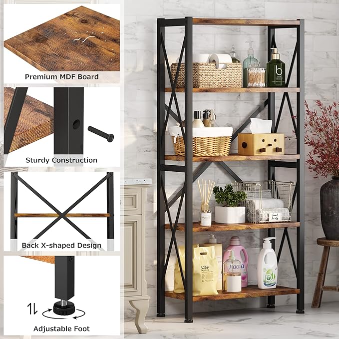 Homeiju 5-Tier Bookshelf,Wood Bookcase,Book Shelf with Steel Frame, Storage Rack with Open Shelves, Rustic Standing Bookshelves Ladder Shelf 110lbs/shelf for Bedroom,Living Room and Home Office