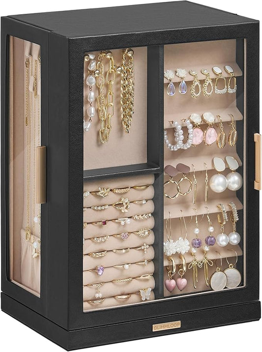 360° Rotating Jewelry Box with 7 Drawers, Spacious Vertical Jewelry Organizer with Glass Window, Jewelry Storage Case, Dustproof & Moisture-resistant Design, Black