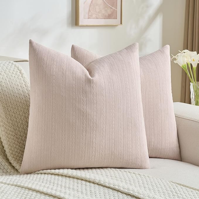 FUTEI Pink Decorative Throw Pillow Covers 22x22 Inch Set of 2,Soft Cozy Wheat Ear Striped Patterns Cushion Cases,Modern Home Decor for Couch Bed Living Room