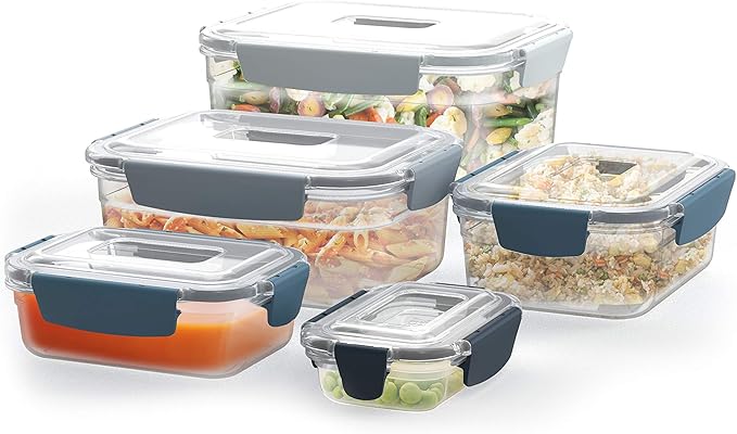 Joseph Joseph Nest Lock Plastic BPA Free Food Storage Container Set with Lockable Airtight Leakproof Lids, 10-Piece, Sky