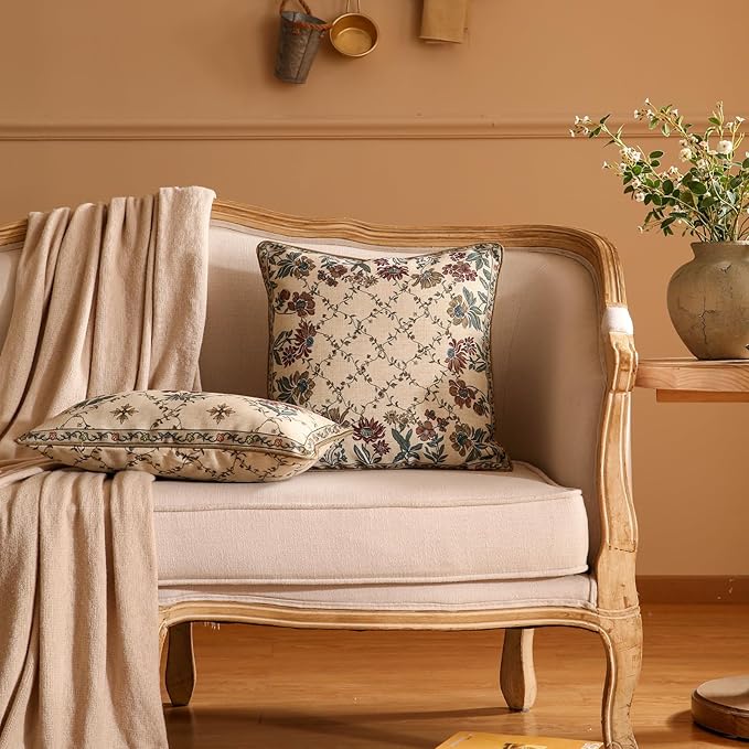 patdrea Designer Throw Pillow Covers Set of 2,Square Euro Retro Style Light Brown Linen with Floral Pattern Pillow Cover,Decorative Pillowcases Cushion for Bed Living Room Outdoor Car,18"x18"