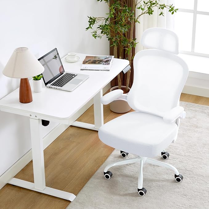 Ergonomic Office Chair,Ultra Thick Office Desk Chair with Adjustable Lumbar Support and Headrest,Spring Cushion,Rocking Function,Flip-up arms,Mesh Computer Chair for Home Office,White
