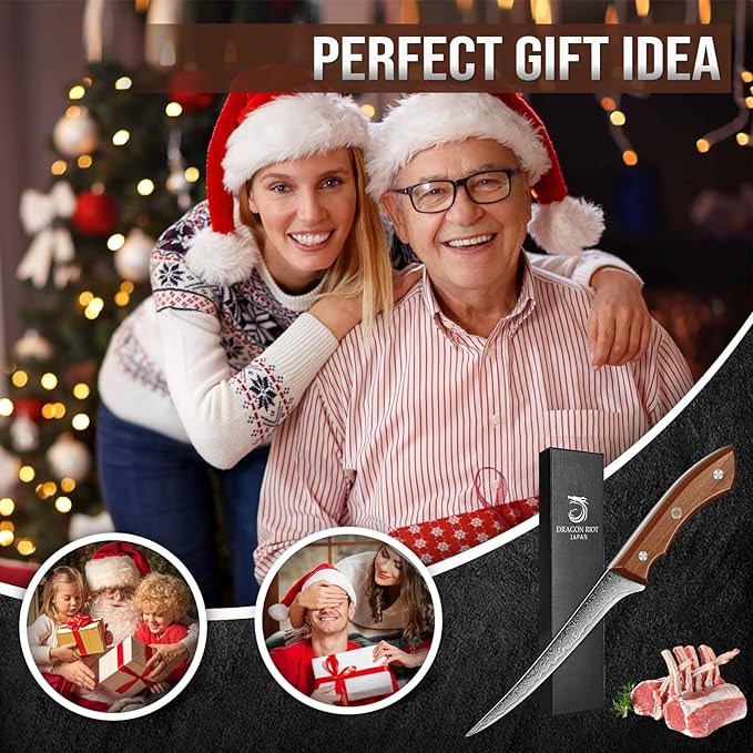 DRAGON RIOT Damascus Boning Knife 6 inch, Professional VG-10 Steel Japanese Fillet Knife, Flexible Deboning Knife,Kitchen Trimming Knife with Ergonomic Wood Handle, Premium Gift Box