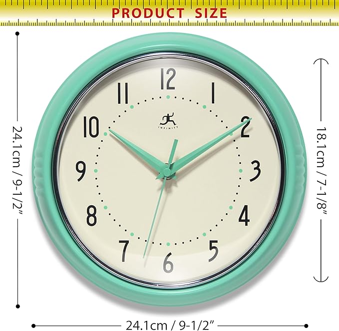 Infinity Instruments LTD. Retro 9 inch Silent Sweep Non-Ticking Mid Century Modern Kitchen Diner Wall Clock Quartz Movement Retro Wall Clock Decorative (Mint Green)