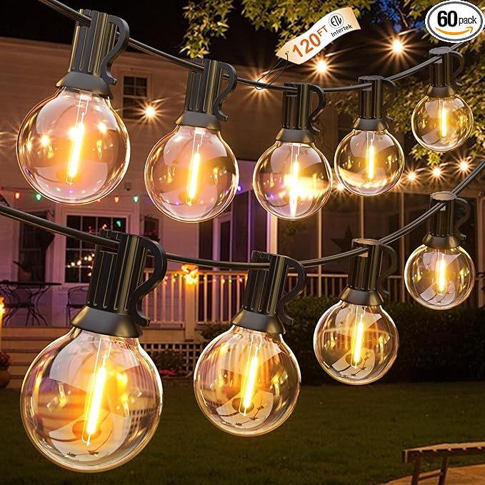 GLUROO 120FT Outdoor String Lights, G40 LED Patio Lights with 64pcs Bulbs, Waterproof Shatterproof Dimmable Globe Hanging Outdoor Cafe Bistro Porch Outside Light, 2Packs * 60ft