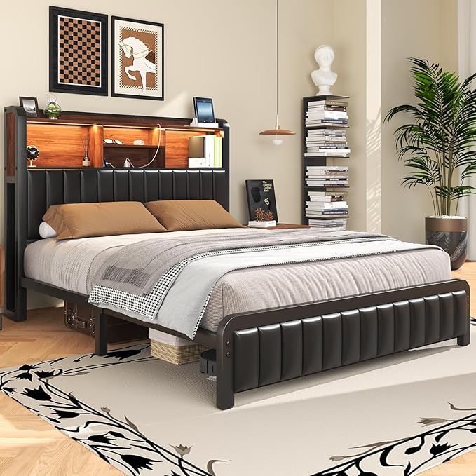 Queen Bed Frame 54.3" Tall with 3-Tier Storage Headboard and Charging Station, Metal Platform Bed Frame with LED Lights and PU Leather, Noise-Free, Metal Support, No Box Spring Needed, Black